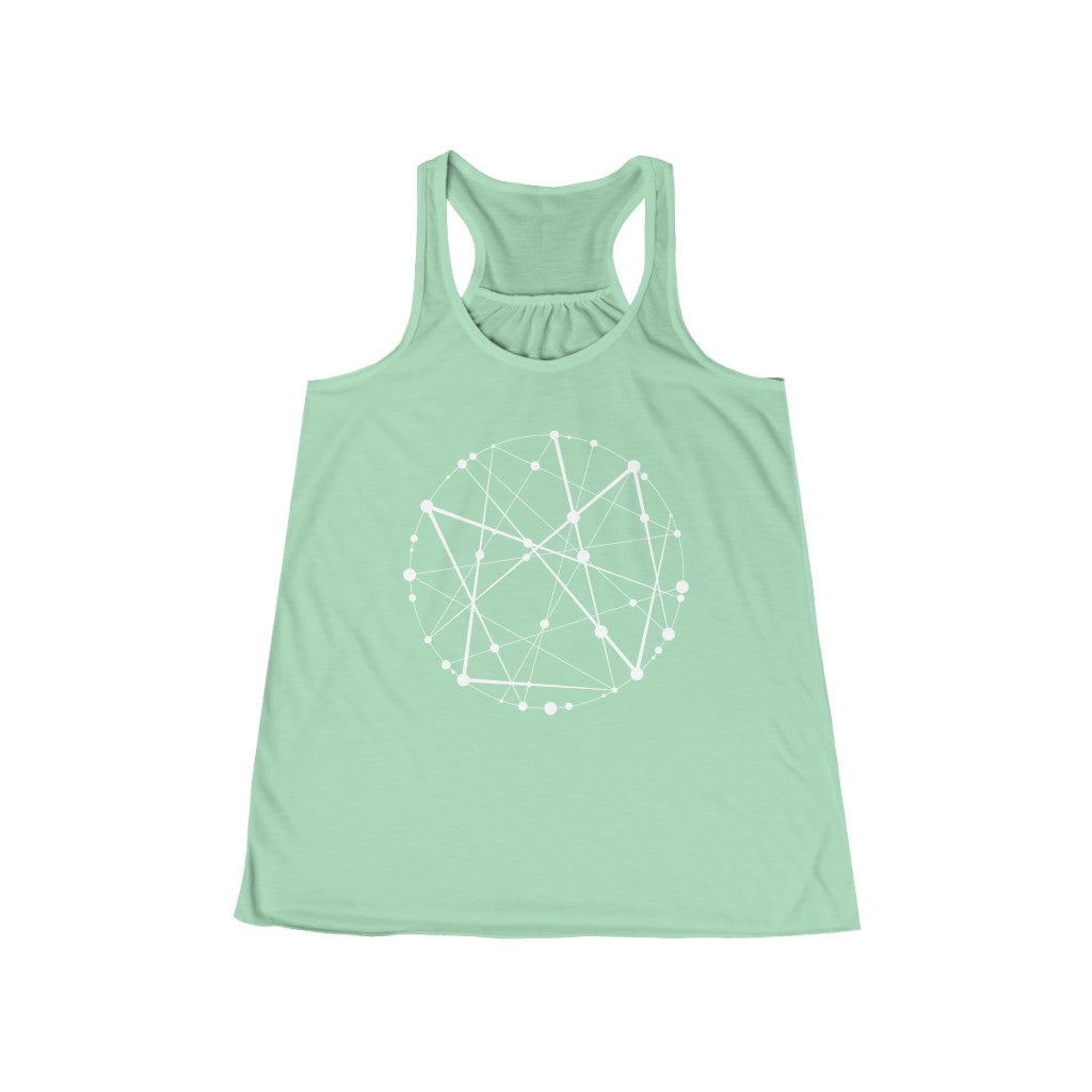 Blockchain Universe in White :: Women's Metaverse Flowy Racerback Tank - METAVERSETEES : Metaverse Tees, T-shirts and Merch for Your Metaverse Life