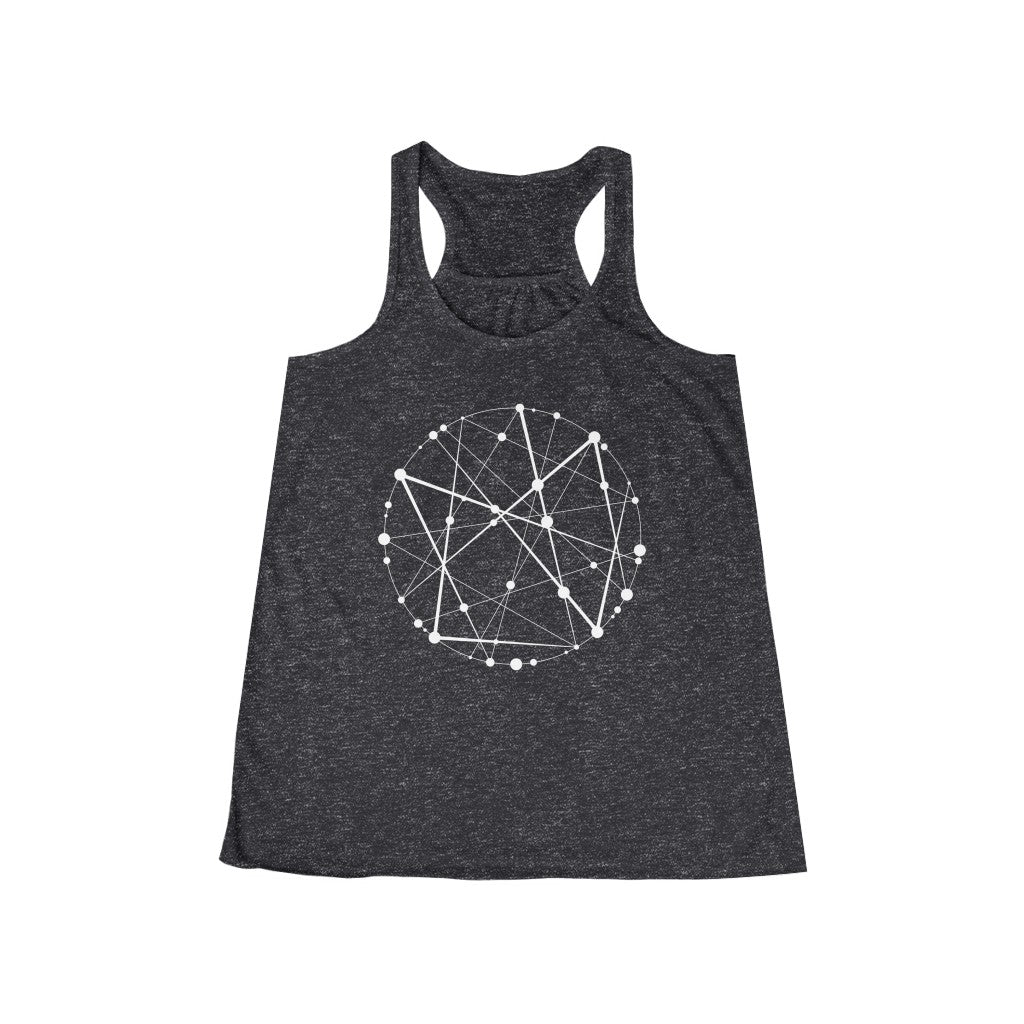 Blockchain Universe in White :: Women's Metaverse Flowy Racerback Tank - METAVERSETEES : Metaverse Tees, T-shirts and Merch for Your Metaverse Life