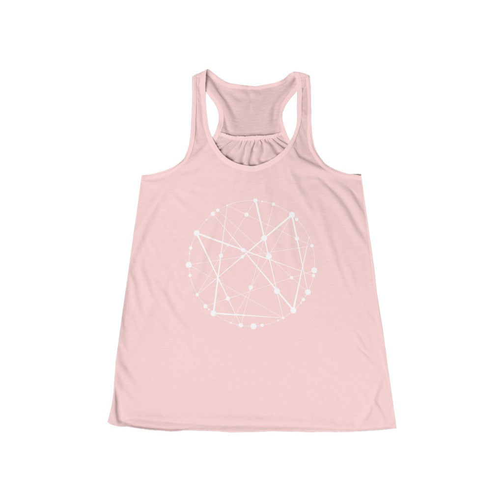 Blockchain Universe in White :: Women's Metaverse Flowy Racerback Tank - METAVERSETEES : Metaverse Tees, T-shirts and Merch for Your Metaverse Life