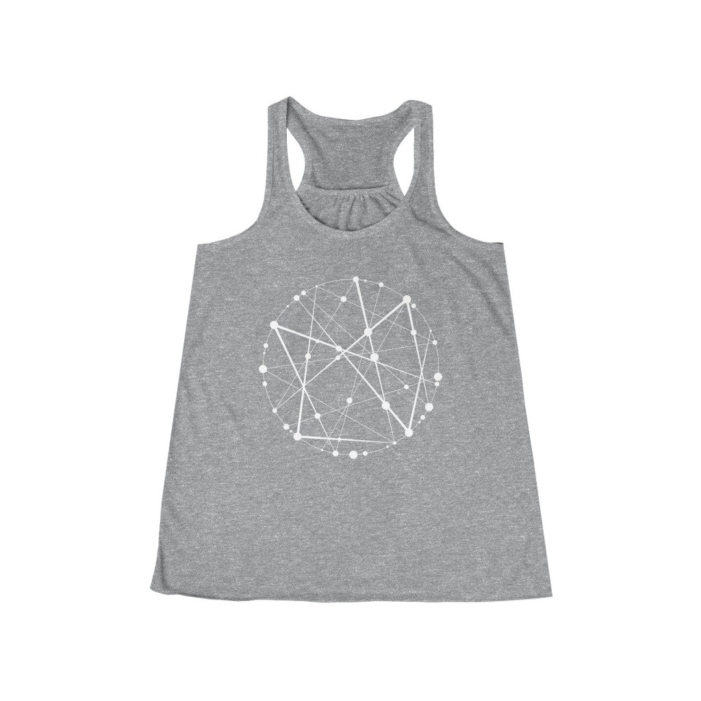 Blockchain Universe in White :: Women's Metaverse Flowy Racerback Tank - METAVERSETEES : Metaverse Tees, T-shirts and Merch for Your Metaverse Life