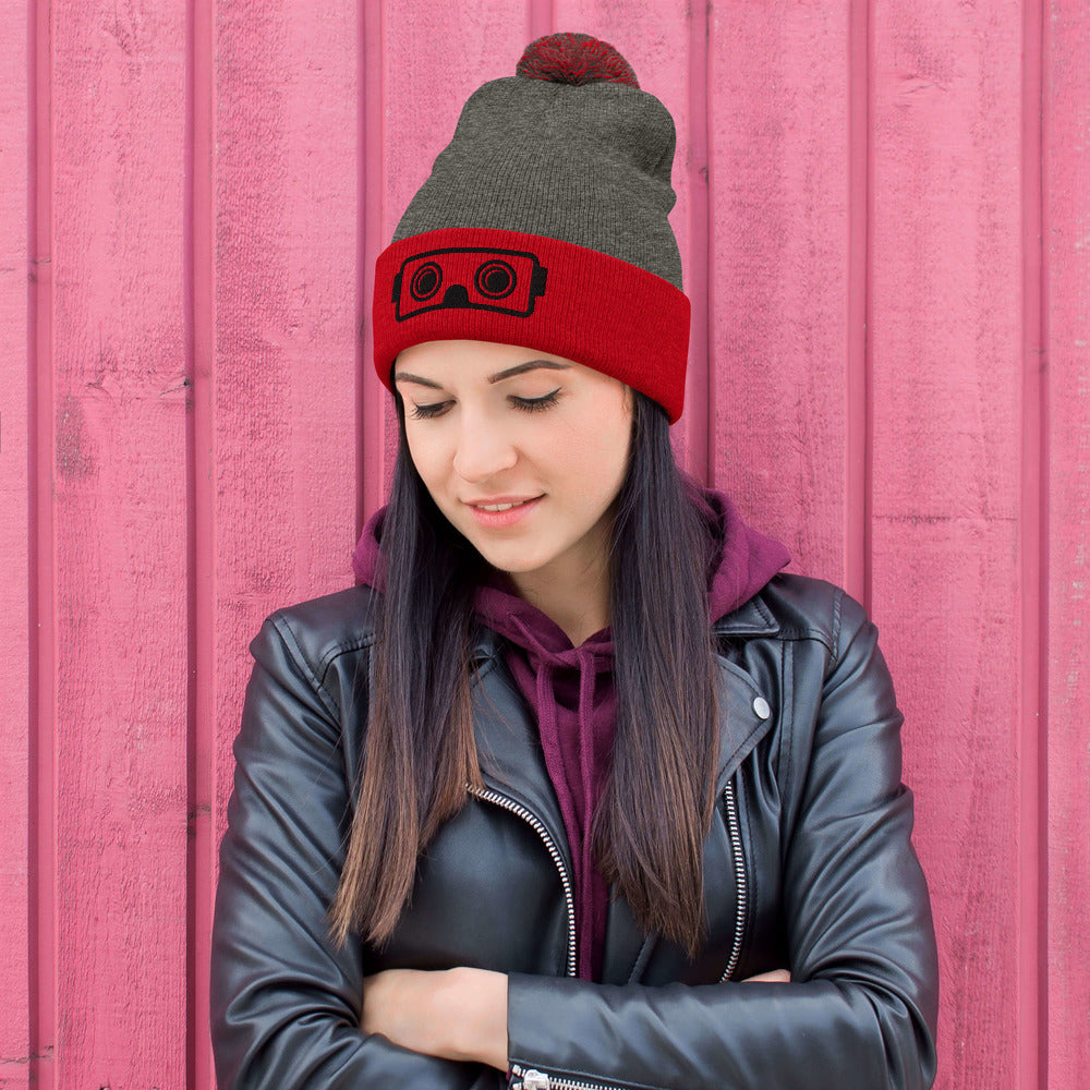 Metaverse XR Headset Pom-Pom Embroidered Beanie - METAVERSETEES : Metaverse Tees, T-shirts and Merch for Your Metaverse Life