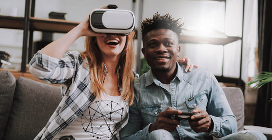 Couple on Couch Exploring the Metaverse with a VR Headset and Blockchain Metaverse Tee