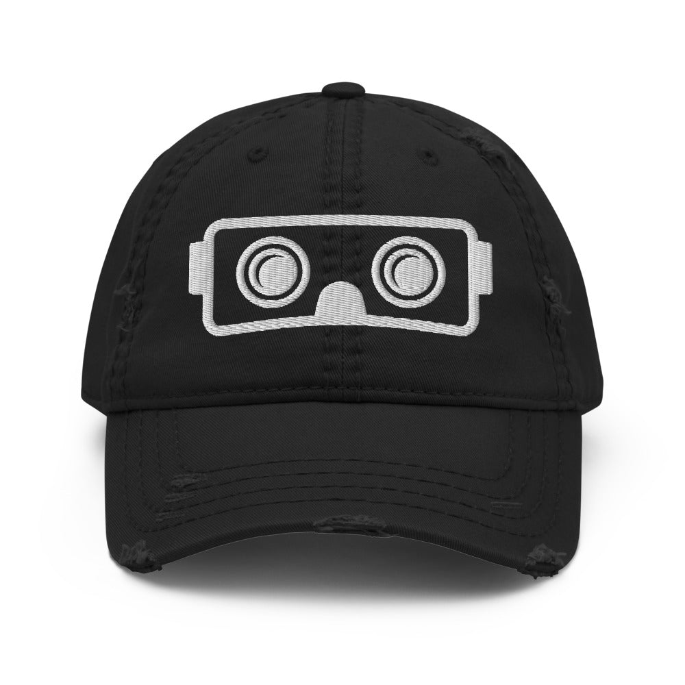 VR Headset in White Puff Embroidery :: Distressed Dad Hat - METAVERSETEES : Metaverse Tees, T-shirts and Merch for Your Metaverse Life