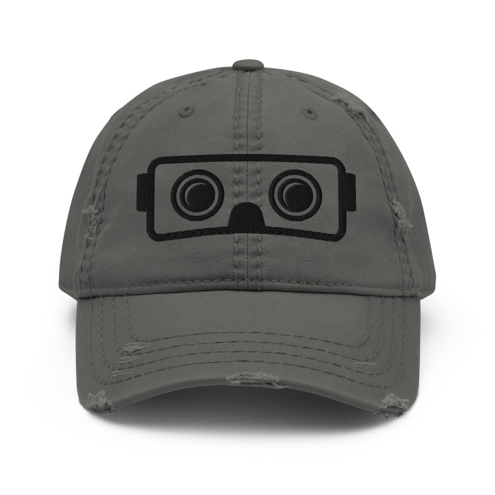 VR Headset in Black Puff Embroidery :: Distressed Dad Hat - METAVERSETEES : Metaverse Tees, T-shirts and Merch for Your Metaverse Life