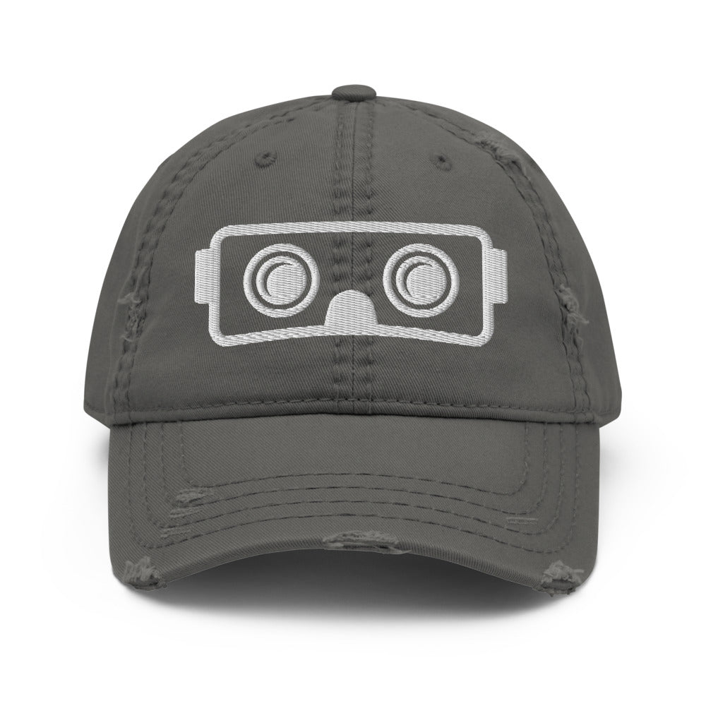 VR Headset in White Puff Embroidery :: Distressed Dad Hat - METAVERSETEES : Metaverse Tees, T-shirts and Merch for Your Metaverse Life