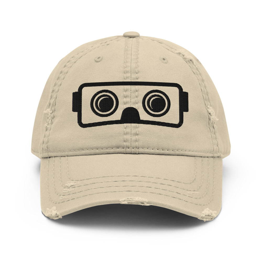 VR Headset in Black Puff Embroidery :: Distressed Dad Hat - METAVERSETEES : Metaverse Tees, T-shirts and Merch for Your Metaverse Life