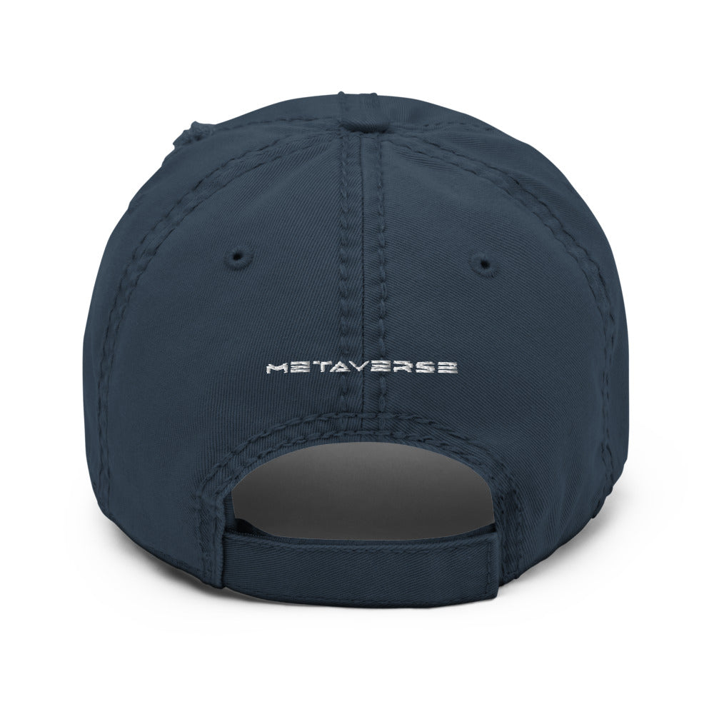 VR Headset in White Puff Embroidery :: Distressed Dad Hat - METAVERSETEES : Metaverse Tees, T-shirts and Merch for Your Metaverse Life