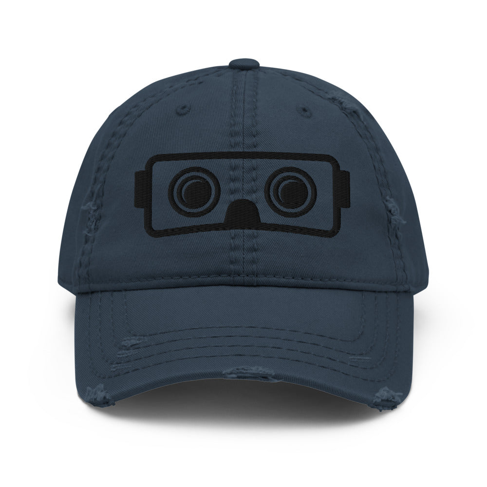 VR Headset in Black Puff Embroidery :: Distressed Dad Hat - METAVERSETEES : Metaverse Tees, T-shirts and Merch for Your Metaverse Life