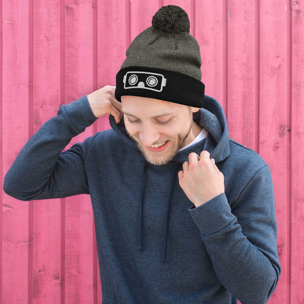 Metaverse VR Headset Pom-Pom Embroidered Beanie - METAVERSETEES : Metaverse Tees, T-shirts and Merch for Your Metaverse Life